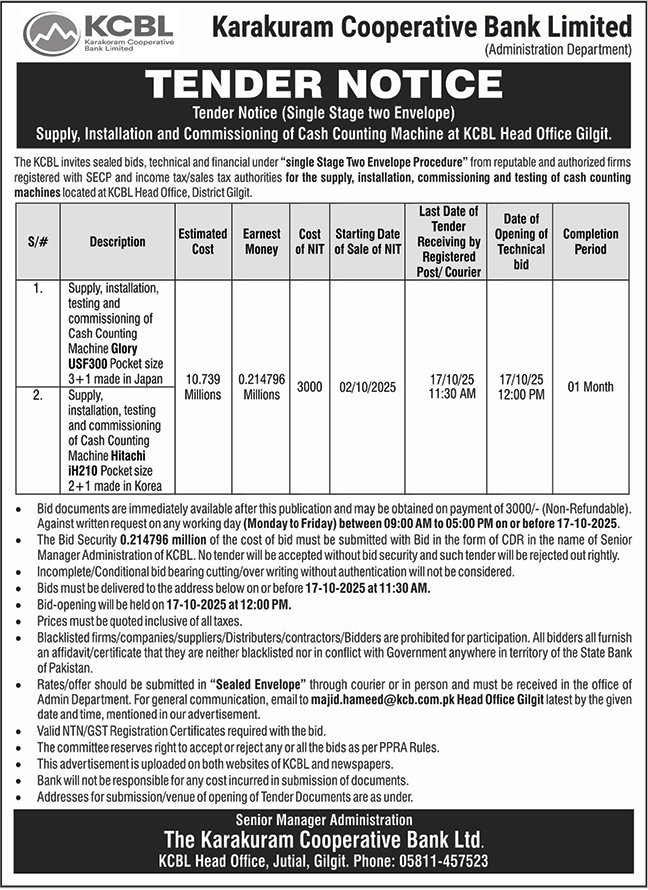 Karakuram Cooperative Bank Limited Tender Notice